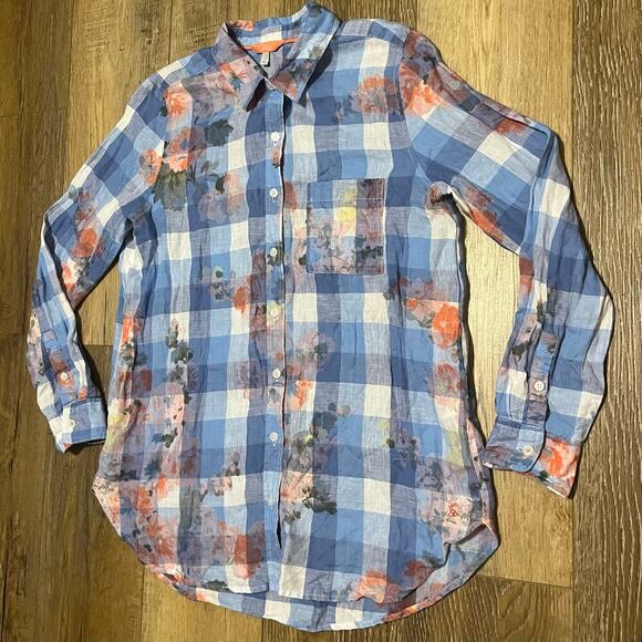 Joules 100% Linen Plaid Floral Print Button Down Shirt Size US 8 Blue Preppy - Picture 3 of 8